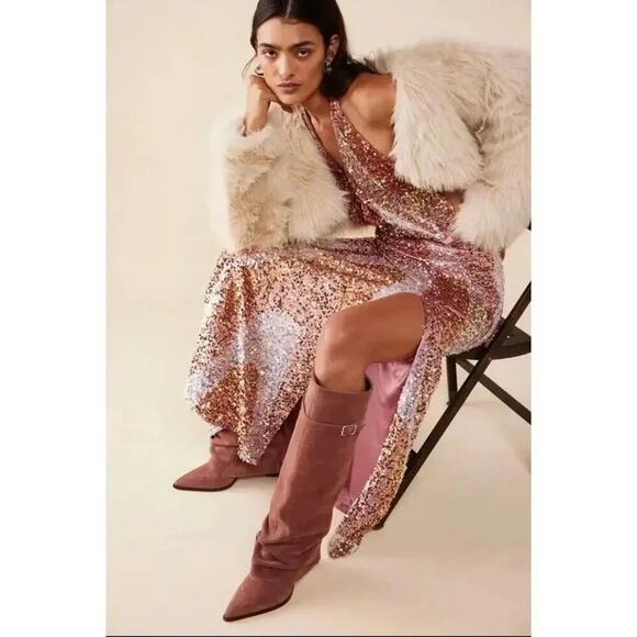 Free People Glitter Gold Pink Sequin Plunging V Neck Midi Dress Large L NWT - Picture 3 of 7